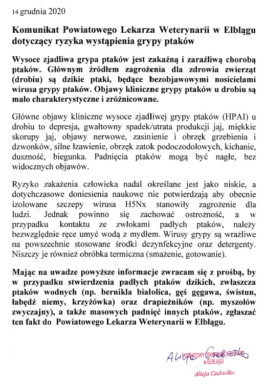 Komunikat Powiatowego Lekarza Weterynarii w Elblągu dotyczący ryzyka wystąpienia grypy u ptaków - dokument